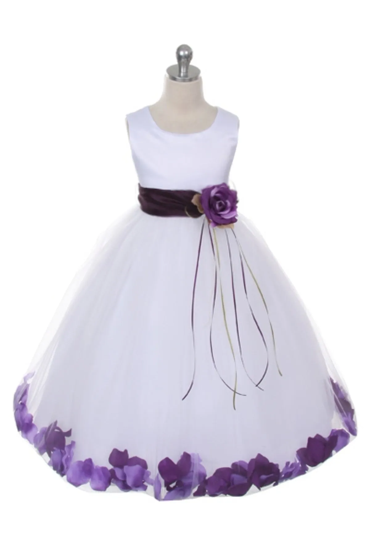 White Satin Flower Petal Girl Dress with Organza Sash (1 of 2)