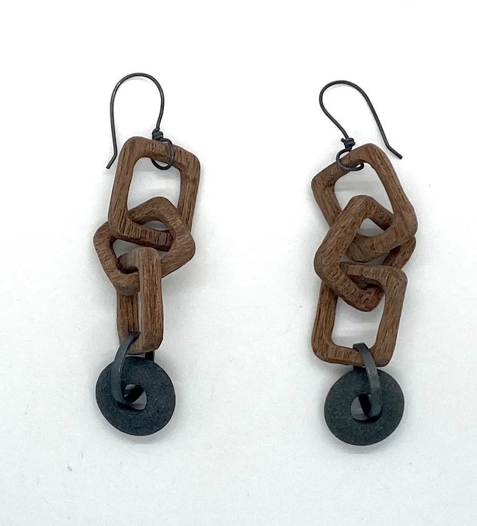 Wood Chain and Rock Earrings