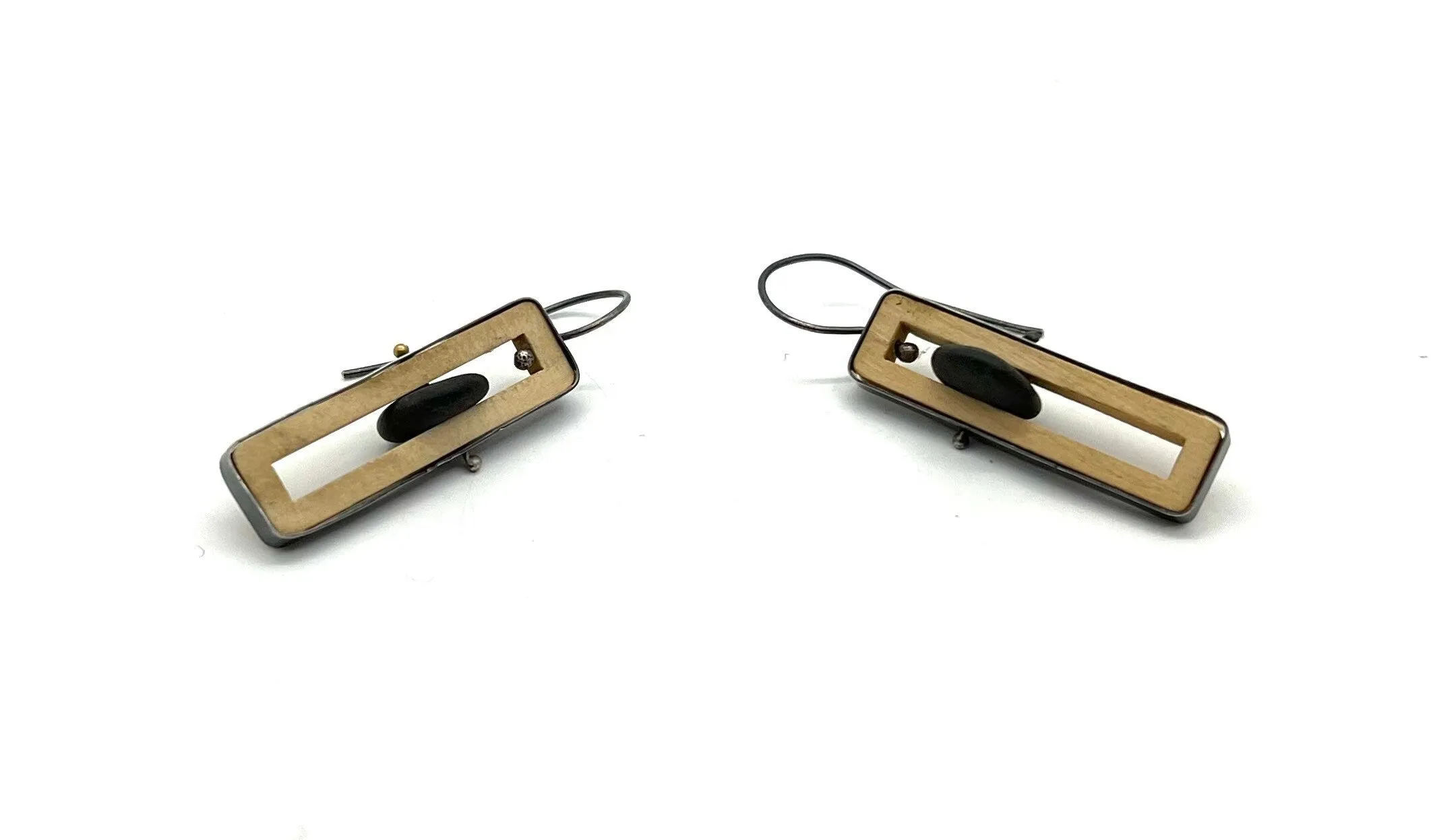 Wood Rectangle & Rock Earrings