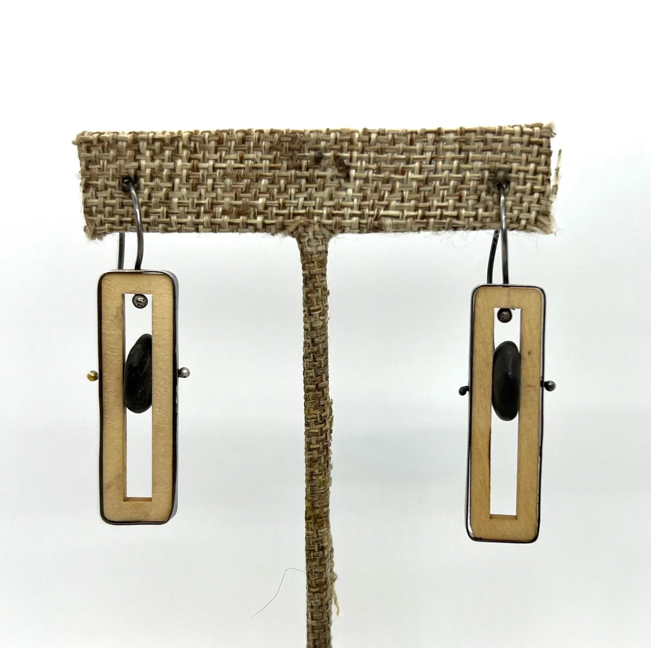 Wood Rectangle & Rock Earrings